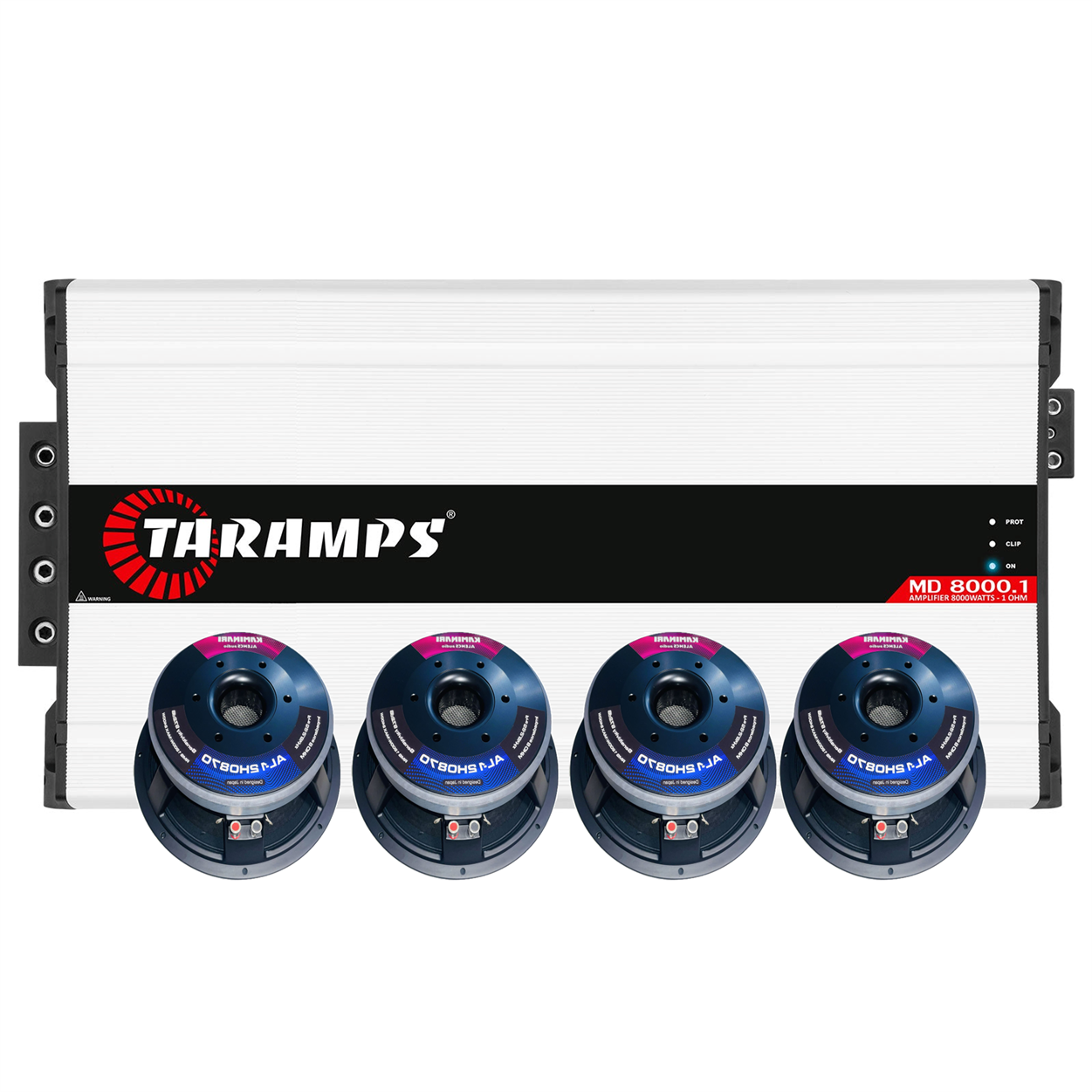 Taramps MD 8000.1, 8000w RMS 1channel 2Ω + Kaminari 12 inch High pressure mid range 8Ω 2400w (4 unit)